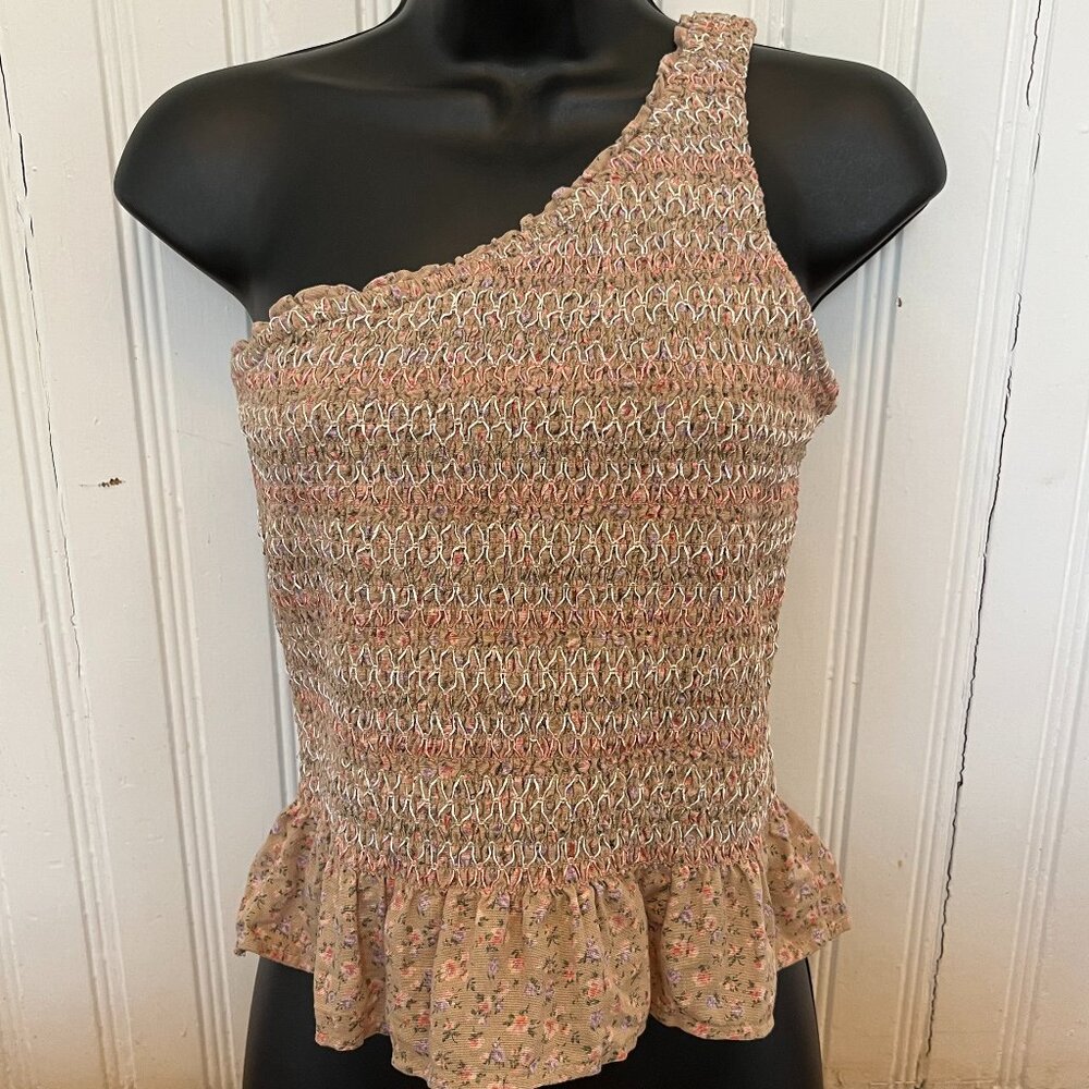 American Eagle Floral One Shoulder Smocked Linen Blend Top, Size Small